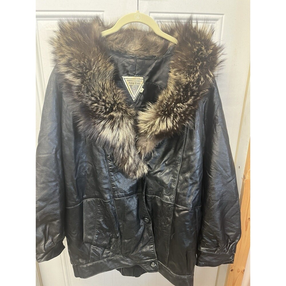 J. Percy For Marvin Richards Leather Coat Fur Trim Black Womens Size XL Mob Wife